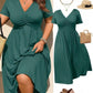 📢📢50% OFF !! ⏰Plus Size V-Neck Ruched Short Sleeve Midi Dress, Casual Summer Flowy A-Line Dress, Women's Fashion Clothing