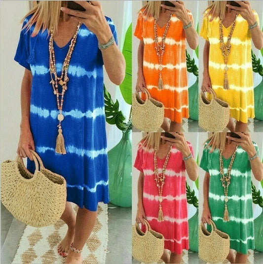 👗🌊 PROMO FLASH 50% ! Robe-T-Shirt Ample Rayée Tie-Dye – Coton Doux, Col V, Manches Courtes, Tailles S-5XL, Idéale Été & Plage ✨☀️