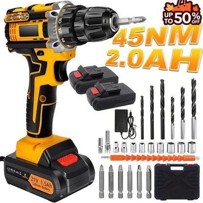 🛠️Perceuse-Visseuse Sans Fil 21V avec Couple 45 Nm – 2 Batteries, 2 Vitesses, 25+3 Réglages, Mandrin 10 mm, LED