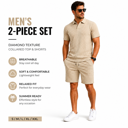 👔 OFFRE LIMITÉE -50% ! ✨ Ensemble 2 Pièces Homme – Imprimé Losange, Haut à Col, Short, Coupe Confortable ✨