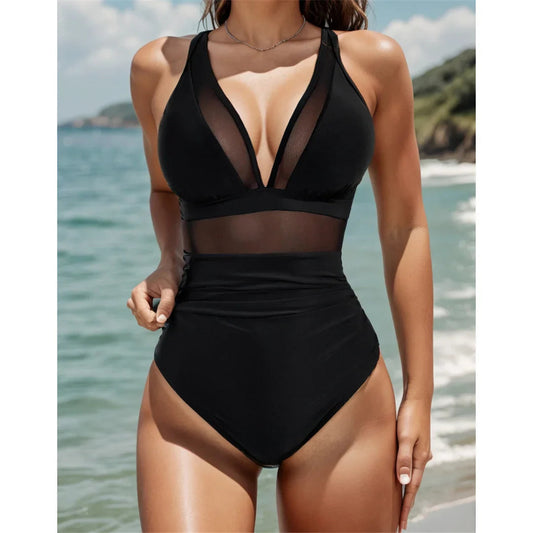💥 50 % de réduction👙 Maillot de bain une pièce froncé en maille contrastée pour femme🏝️