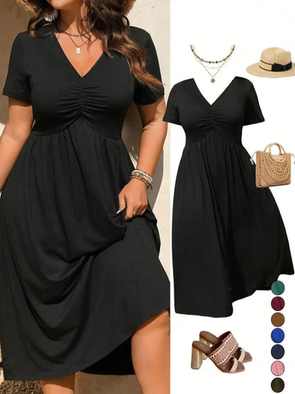 📢📢50% OFF !! ⏰Plus Size V-Neck Ruched Short Sleeve Midi Dress, Casual Summer Flowy A-Line Dress, Women's Fashion Clothing