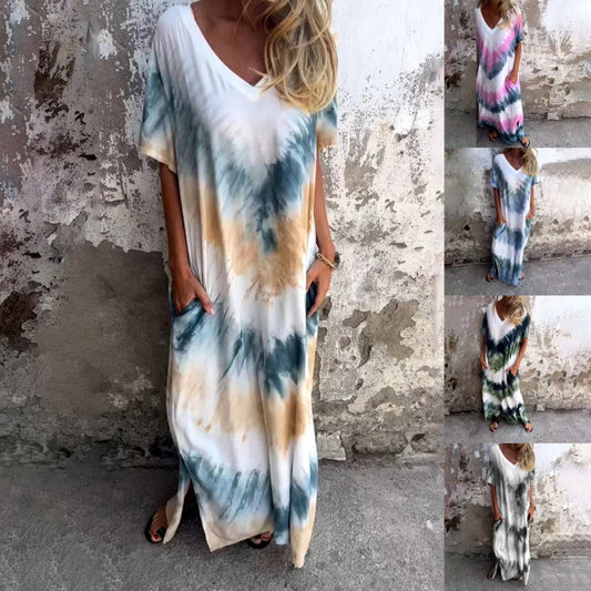 💥 50% DE RÉDUCTION ! 👗 Robe Ample Imprimée Col V – Polyester – Coupe Fluide & Ourlet Fendu for Été