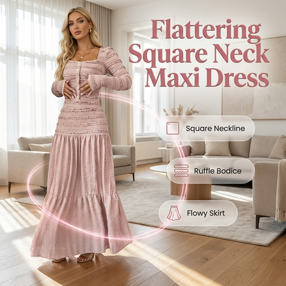 ✨ 50% DE RÉDUCTION MAINTENANT ! 👗 Robe Maxi à Encolure Carrée – Haut Smocké, Bordure à Volants et Tissu Respirant 🌸