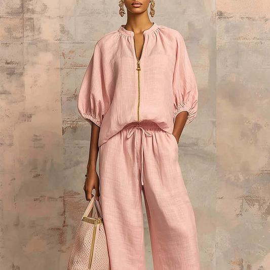 🌸 50% DE RÉDUCTION ! 👗 Ensemble 2 Pièces Femme – Manches Bouffantes & Pantalon Large – Survêtement Décontracté avec Fermeture Éclair Dorée – Parfait pour l’Été et les Voyages ✨💖