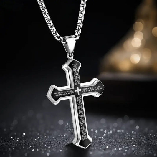 ✝️ PROMO LIMITÉE 50% DE RÉDUCTION ! ✨ Collier Croix du Notre Père pour Homme – Acier Titane, Gravure Complète & Design Superposé 🔥