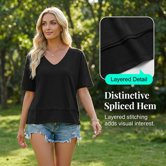 👕✨ -50% ! Top Femme Manches Courtes, Col V & Ourlet Patchwork – Léger, Décontracté & Parfait pour l'Été 🌸