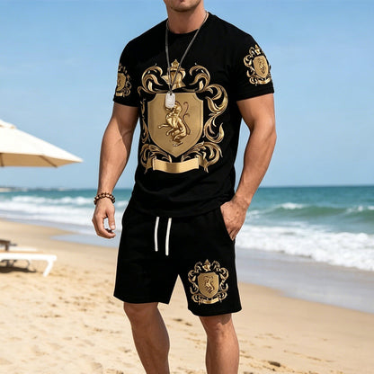 🖤👕🩳 -50% sur l'Ensemble Homme T-shirt & Short Gold Crest ✨ – Imprimé Luxe, Confort Respirant & Style Été Immédiat