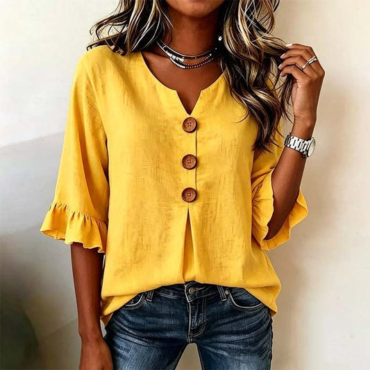 👚 50% DE RÉDUCTION 🌸 Blouse à col en V et manches à volants – Tissu fluide & léger – Parfaite pour un look romantique ou chic au quotidien – facile à associer avec jean ou jupe ✨🌿