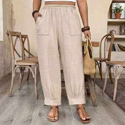 👖 PROMO LIMITÉE 50% DE RÉDUCTION ! ✨ Pantalon Femme Casual à Chevilles Retroussées – Ceinture Élastique, Coupe Ample, Poches Plaquées 🌿