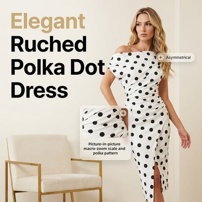 ⏰ 50% DE RÉDUCTION – Pour une durée limitée 🌸 Robe Midi à Pois pour Femme ✨ Coupe Asymétrique, Détails Fronçés & Ajustement Élégant avec Fente