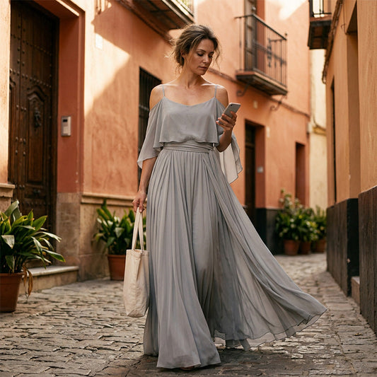 👗 Robe fluide sans manches à encolure asymétrique – design minimaliste, jupe ample et allure élégante, idéale pour les occasions spéciales et le quotidien avec élégance 🌙