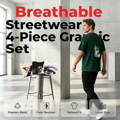 Lot de 4 T-Shirts Streetwear à Imprimé Graphique pour Homme