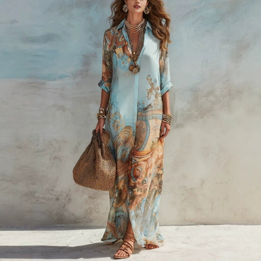 👗 56% DE RÉDUCTION 🌺 Robe longue imprimée bohème – coupe fluide, col V et boutons devant – tissu léger et respirant – idéale pour les belles journées d’été