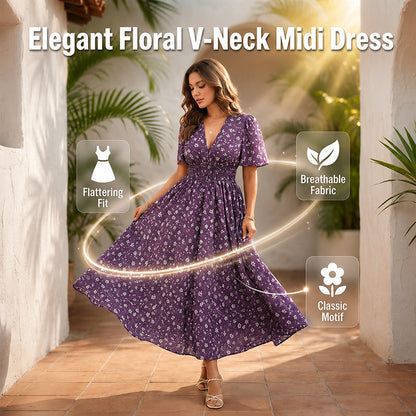 Robe Midi Élégante À Fleurs et Col en V pour Femme
