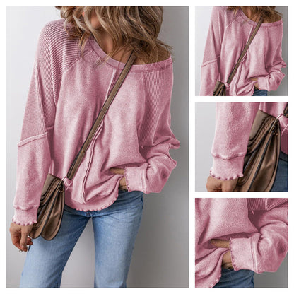 🧥🔄 PROMO FLASH 50% ! Haut Polyvalent Col Rond Manches Longues Femme – Silhouette Ample, Texture Gaufrée, 5 Coloris, Tailles S-2XL, Idéal Toute Saison 🌸🍁
