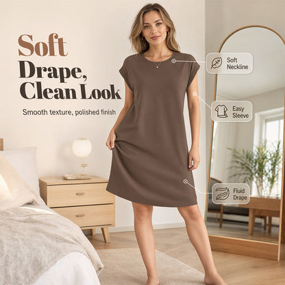 -50% Exclusif | Robe Décontractée en Coton Mélangé | Col Rond Respirant & Manches Courtes | Coupe Ample Robe Midi Été Femme