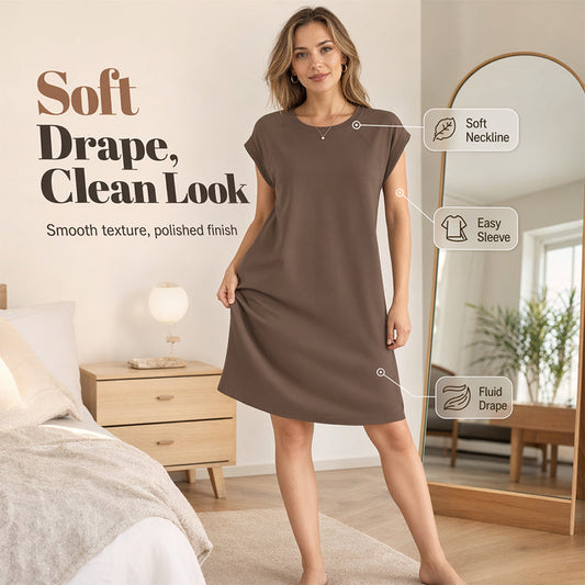 -50% Exclusif | Robe Décontractée en Coton Mélangé | Col Rond Respirant & Manches Courtes | Coupe Ample Robe Midi Été Femme