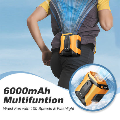 🔥💨 PROMO FLASH -50% DERNIER JOUR ! Ventilateur de Taille Multifonction 6000mAh – 100 Vitesses, Flux d'Air 130°, Lampe Torche & Batterie Secours, Mains Libres, Idéal Marche & Jogging ✨