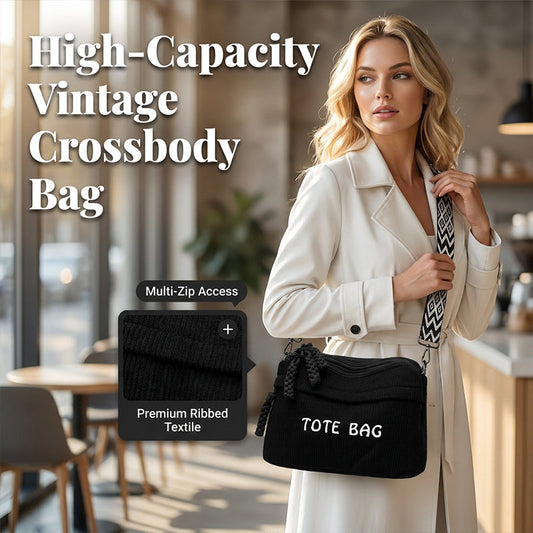 🎁 Nouveautés 2026 −60% 💥 Sac Bandoulière Vintage Grande Capacité pour Femme – Tissu Côtelé, Multi-Zip, Bandoulière Géométrique 🌿