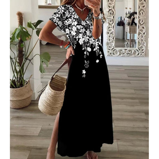 👗 50% DE RÉDUCTION! 🌸 Robe Femme à Col V Imprimé Floral avec Fente – Tissu léger, coupe flatteuse & fente élégante – Idéale pour l'été, les vacances & les soirées ☀️