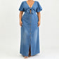 Robe Maxi en Jean Femme Col V Noué 🌸 Taille Cinée, Longueur Fluide – Un Rêve en Denim pour les Jours Ensoleillés ✨