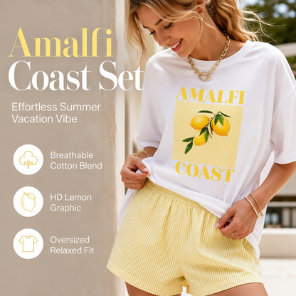 👚 Ensemble T-Shirt Imprimé Citron & Short Rayé Femme — Co-Ord Été avec Tee Oversize & Short Assorti