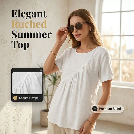 👚 50% DE RÉDUCTION! ✨ Haut asymétrique à manches courtes & fronces – Coupe flatteuse, tissu léger & style moderne – Parfait pour un look tendance au quotidien 🌸