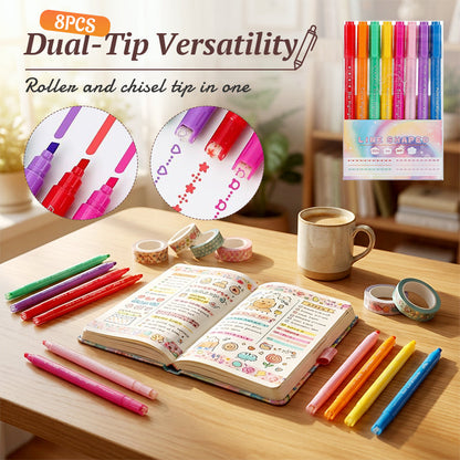🎉 OFFRE LIMITÉE -50% !✨Lot de 8 Surligneurs Double Pointe à Motifs Courbes