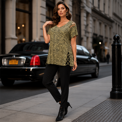 🔥🎁Nouveau 50% OFF🔥🐆 T-shirt pour femme léopard col V – Coupe fluide, confort chic au quotidien
