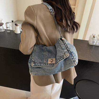 📢 OFFRE LIMITÉE –50% ! ⏰ Sac À Bandoulière Rétro Grande Capacité à Chaîne – Design Denim Vintage avec Grand Compartiment Principal 👜