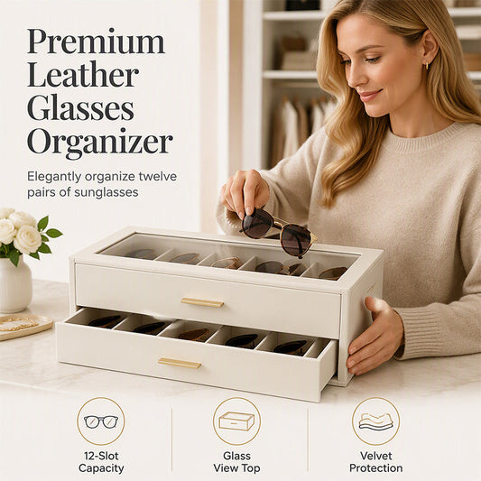 🕶️ 60% DE RÉDUCTION ! 🔒 Étagère à lunettes 2 niveaux – Boîtier transparent, 12 paires, cuir PU & verrou – Protection poussière & rangement élégant ✨