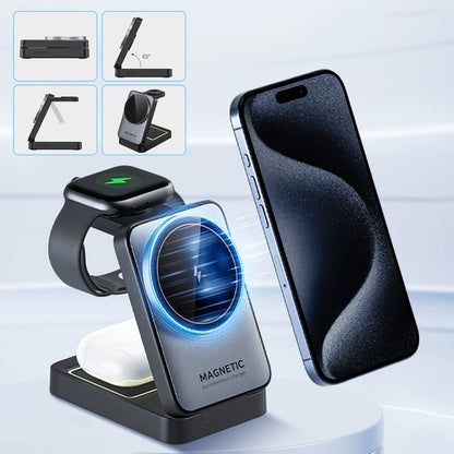 🔋 50% OFF ! 📱 Chargeur Sans Fil Rapide 3-en-1 – 15W, Pliable & Portable – Chargez Téléphone, Montre & Écouteurs Simultanément ✨