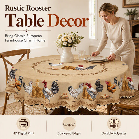 🐔 -50% ! 🌻 Nappe à Motif de Coq Style Champêtre Rétro – Polyester – Bordures Festonnées – 9 Tailles – Pour Cuisine et Mariage Rustique 🏡
