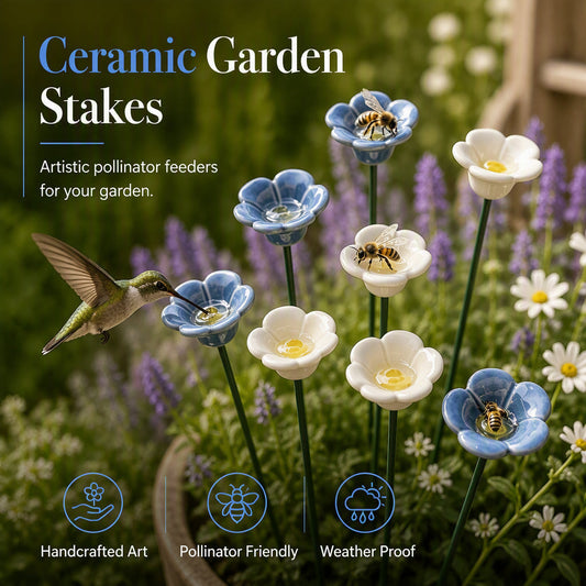 📢📢50% DE RÉDUCTION !! ⏰🌼 Fleurs en Céramique avec Abreuvoir pour Abeilles – Décoration de Jardin | Soutien aux Pollinisateurs | Faciles à Installer | Bleu & Blanc | Lot de 5 🐝✨