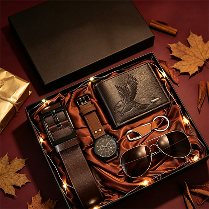📢📢50% DE RÉDUCTION !! ⏰ Coffret Cadeau Homme 7 Pièces – Montre, Portefeuille, Ceinture, Lunettes & Porte-Clés