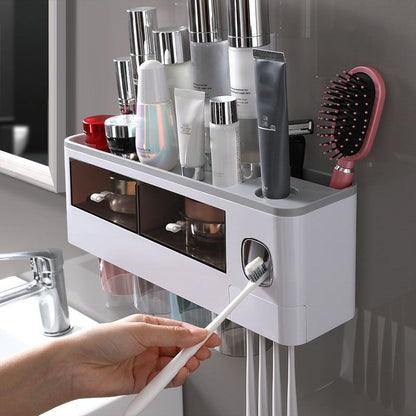 50% OFF ! ✨ Porte-Brosse à Dents & Organiseur de Salle de Bain – Grand Bac, Tiroir & Rangement, Distributeur Automatique de Dentifrice & Gobelets Magnétiques 🚿