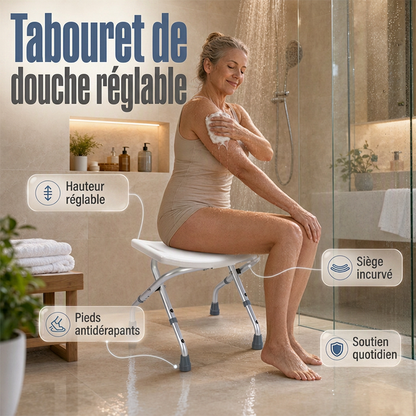 🪑🚿 -60% ! 🛡️Chaise de Douche Pliable Robuste – Hauteur Réglable, Assise Incurvée & Pieds Antidérapants.