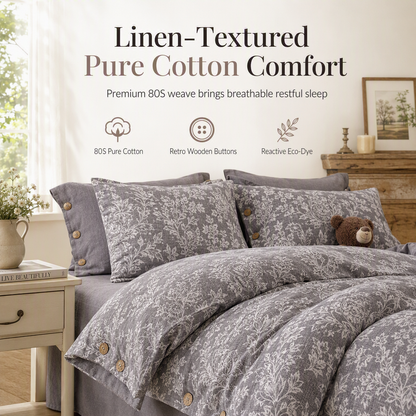Linen Texture Pure Cotton Bedding Set with Retro Button Closure Class A Thickened High Density Duvet Cover and Sheet