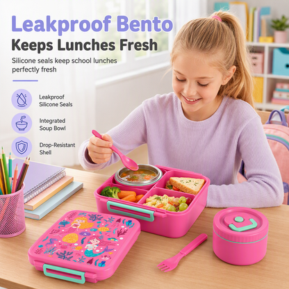 Sealed Food Grade Kids Bento Lunch Box Set with Soup Bowl 4 Compartment Lunch Container for School Students