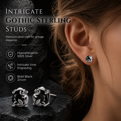 ⏳🔥OFFRE LIMITÉE −50% !⏰ 1 Paire de Boucles d’Oreilles Clou Gothiques Ton Argent, Motif Vigne Ronde avec Zircon Cubique Noir