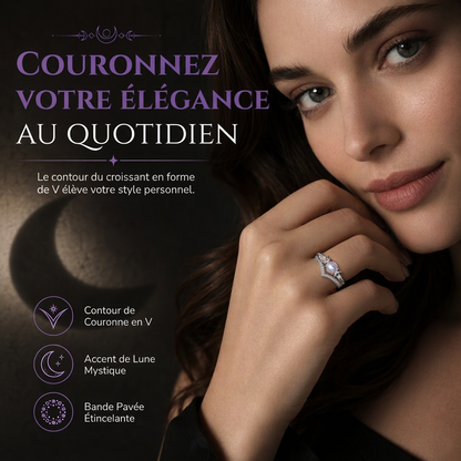 🌙 -50 % ! ✨ Bague vintage gothique en pierre de lune croissant – finition platine, sertissage à griffes en forme de V, pavé brillant et confort ergonomique – élégance mystique pour tous les jours 💍
