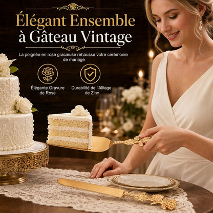 🎂✨ Ensemble Couteau et Pelle à Gâteau – Lame Dentelée Précise, Manches Ornés de Roses et Finition Miroir
