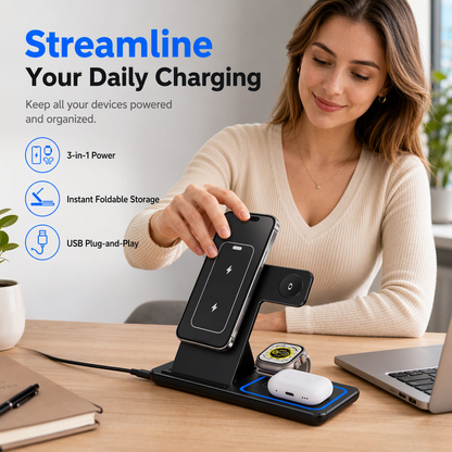 15W Foldable 3 in 1 Magnetic Wireless Charging Station and Desktop Phone Stand