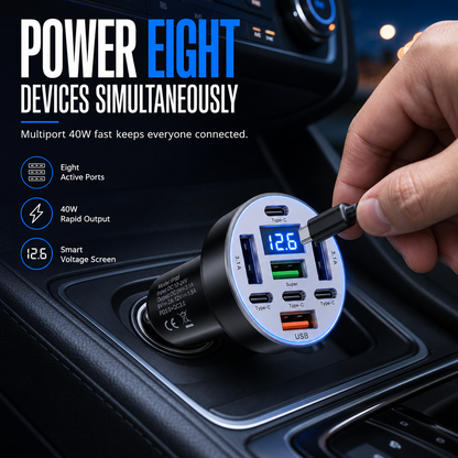 ⏳ Offre limitée –50% ⏰ Chargeur Voiture Rapide 40W 8-en-1 avec Affichage Tension Numérique – 4 USB & 4 PD 🚗⚡️