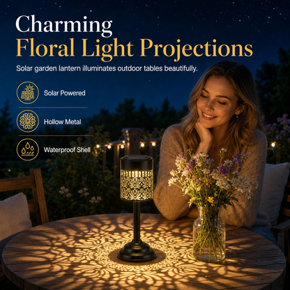🏮🌸 Lampe de table solaire en fer en forme de pivoine – Motifs projetés, capteur crépusculaire et protection IP65