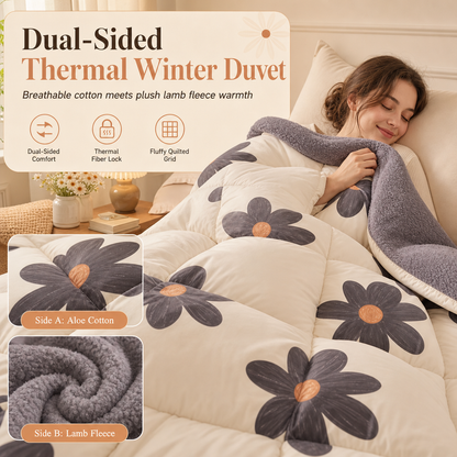 Warm Lamb Fleece and Aloe Cotton Winter Comforter Fleece Lined Quilt Insert with Dark Floral Pattern