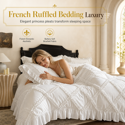 🛏Parure de Lit Princesse à Volants – Coton Lavé Doux, Style Français