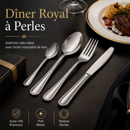 🛒 Offre limitée : –50 % ! 🍽️ Set de couverts 4 pièces – Fini les couverts ternes et qui se plient – Acier inoxydable 410, finition miroir, design équilibré – Idéal pour repas de fête et cadeaux 🥂