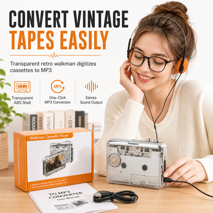 📼🎧✨ Lecteur de Cassette Portable Transparent & Convertisseur Cassette vers MP3 avec Interface Type-C